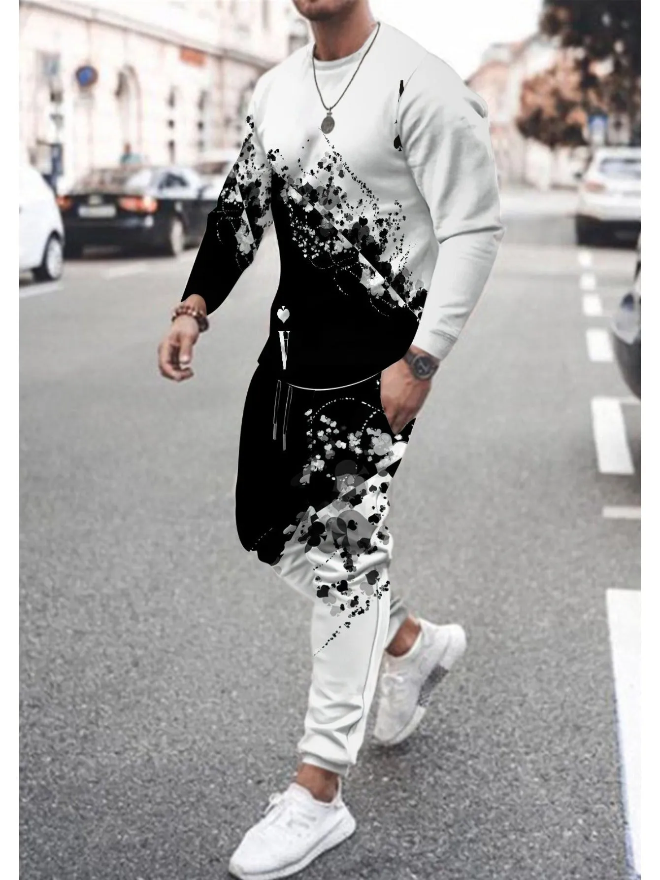 Ace of Spades Graphic Print Crew Neck Sweatshirt and Joggers Set, Knit Polyester Casual Sweatsuit with Regular Fit and Slight Stretch - Polyester Lash Sets