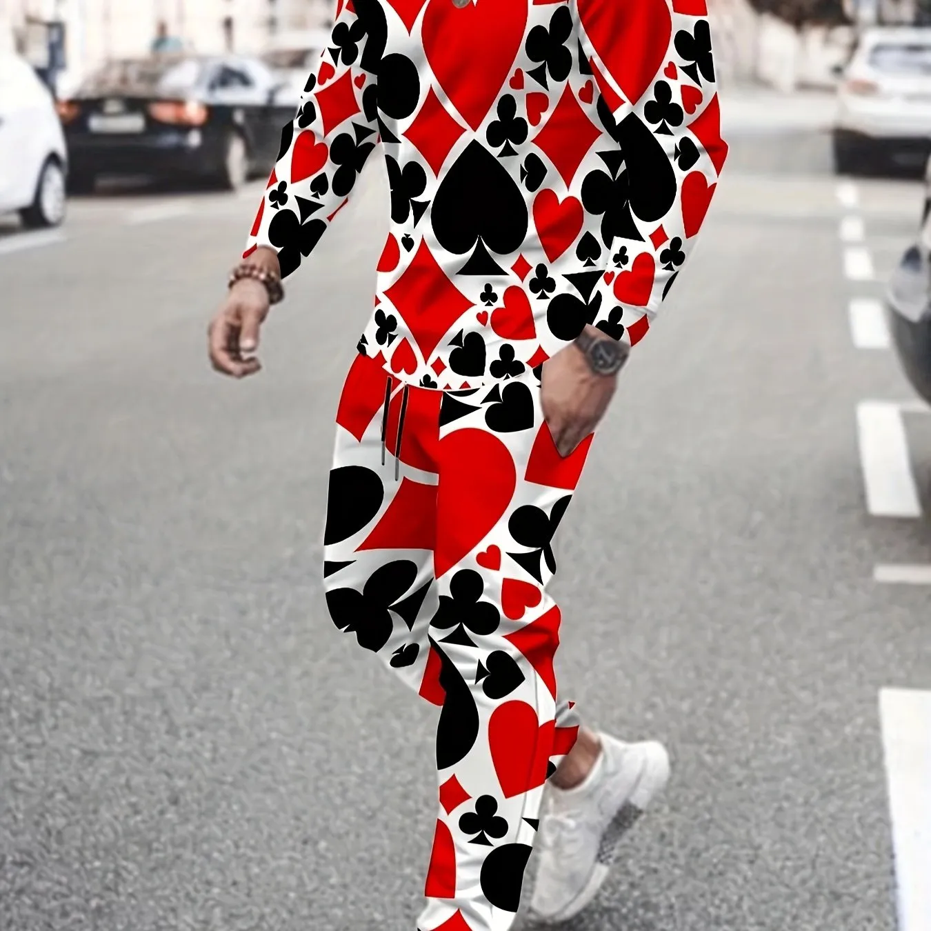 Autumn Tracksuit Set For Men 3D Poker Hearts Print Fashion Long Sleeve Tshirt Trousers Casual Sweatpants Jogging Clothes Suits