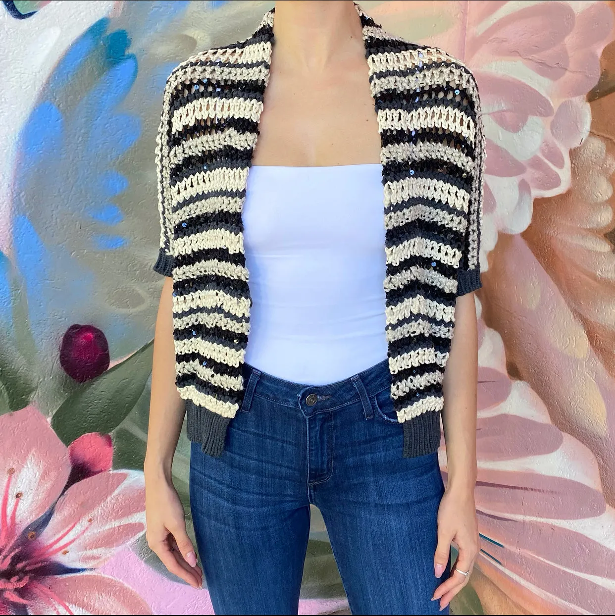 Brunello Cucinelli short sleeve Sequin Knit Stripe Cardigan - XXS
