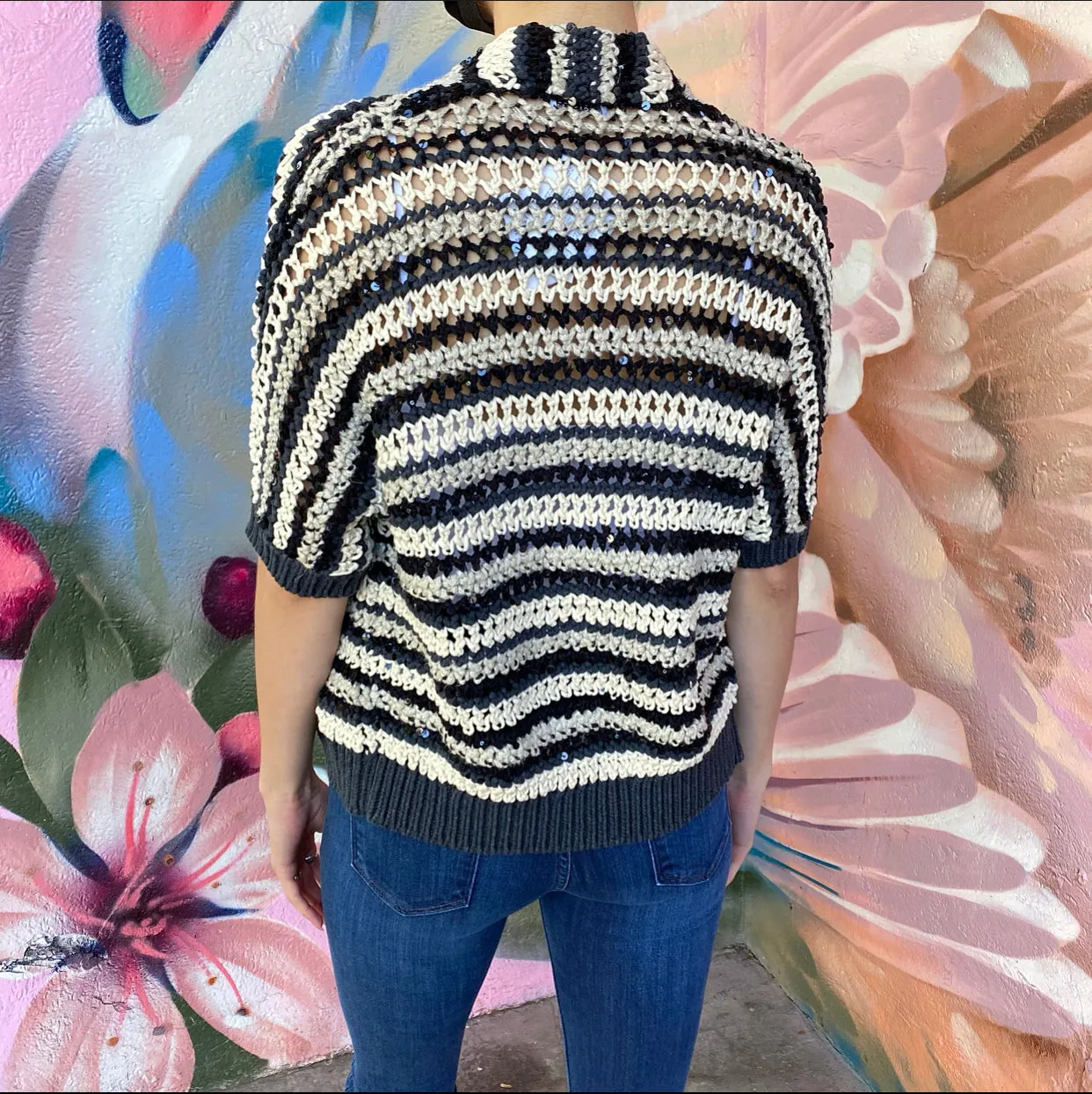 Brunello Cucinelli short sleeve Sequin Knit Stripe Cardigan - XXS
