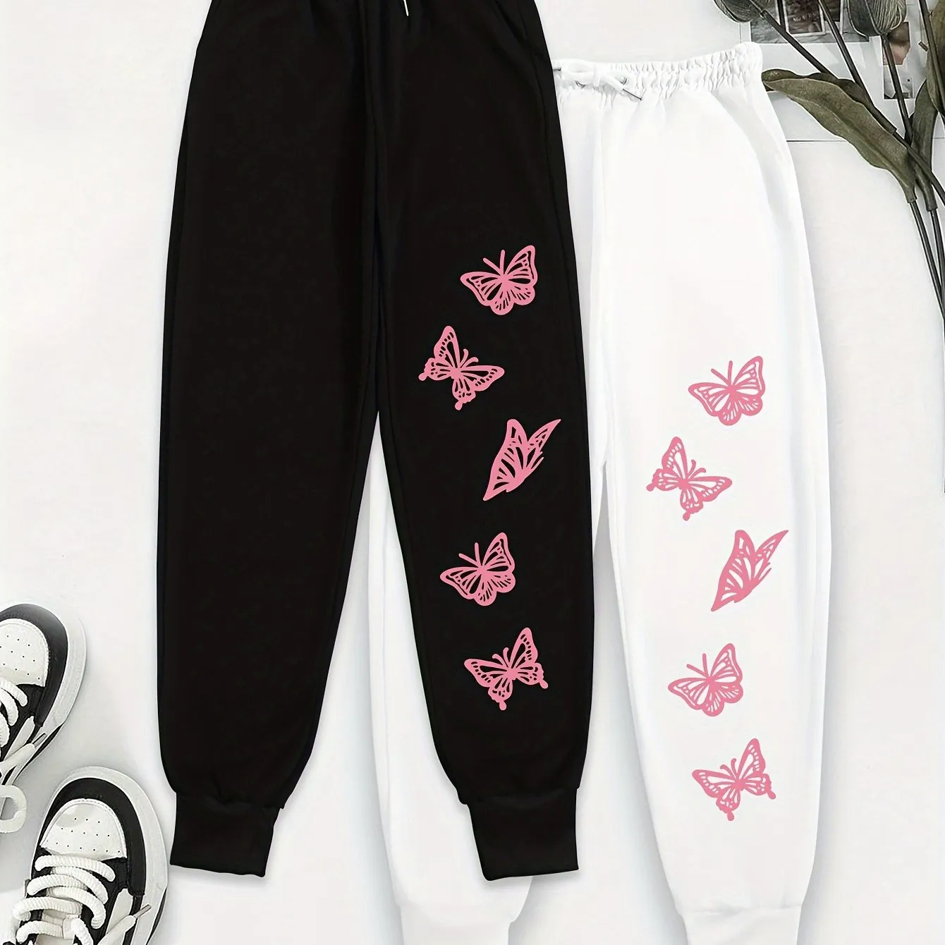 Butterfly Print Jogger Sweatpants 2 Pack, Casual Drawstring Sporty Pants, Women's Clothing