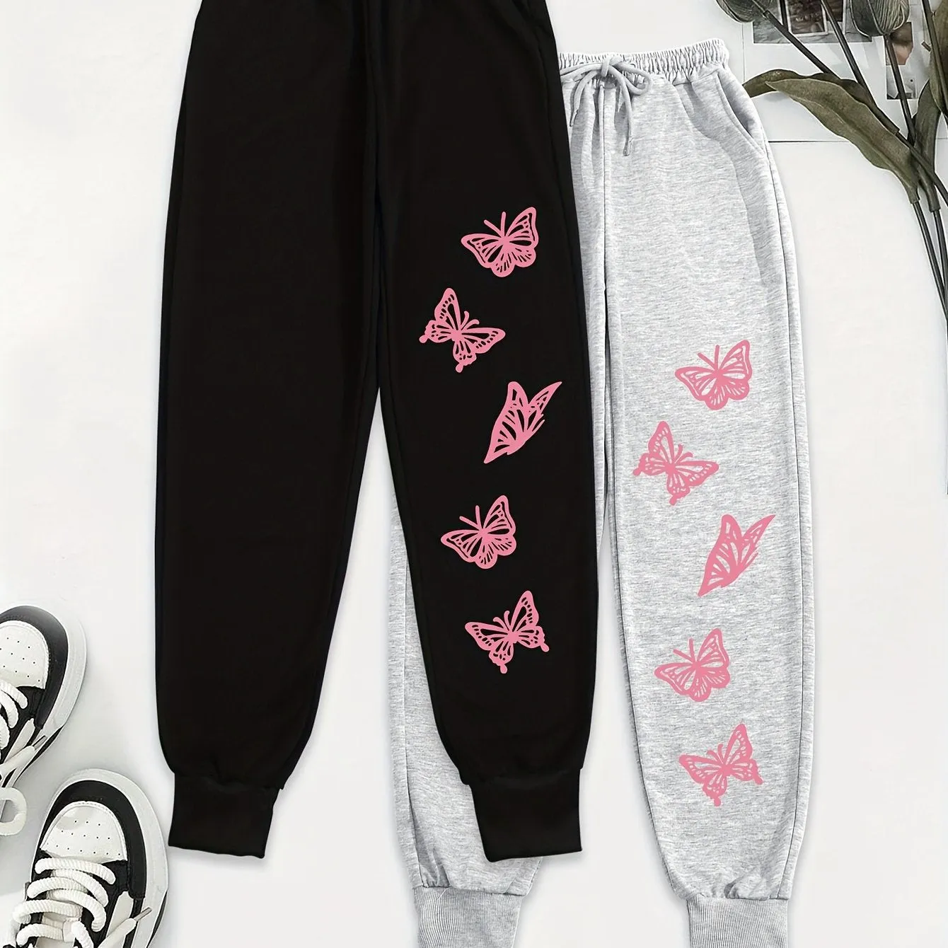 Butterfly Print Jogger Sweatpants 2 Pack, Casual Drawstring Sporty Pants, Women's Clothing