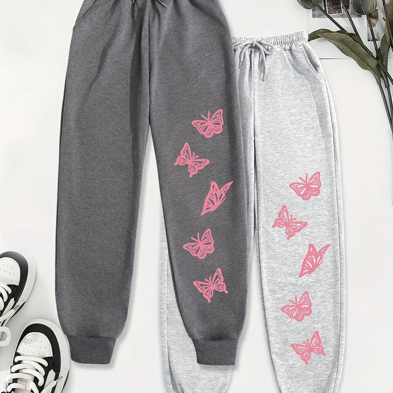 Butterfly Print Jogger Sweatpants 2 Pack, Casual Drawstring Sporty Pants, Women's Clothing