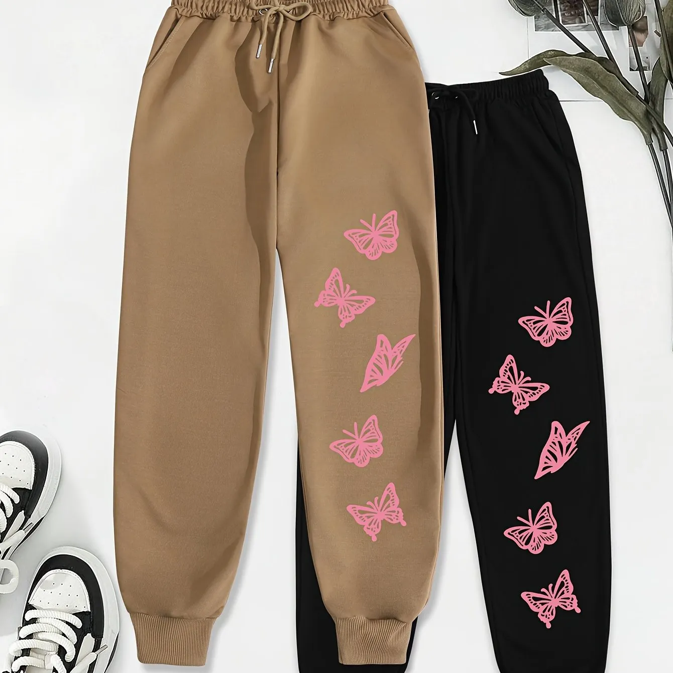 Butterfly Print Jogger Sweatpants 2 Pack, Casual Drawstring Sporty Pants, Women's Clothing