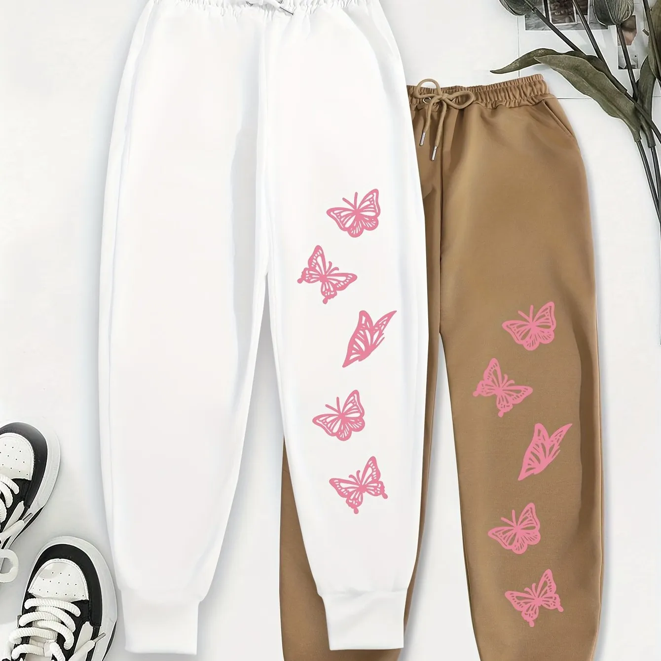 Butterfly Print Jogger Sweatpants 2 Pack, Casual Drawstring Sporty Pants, Women's Clothing