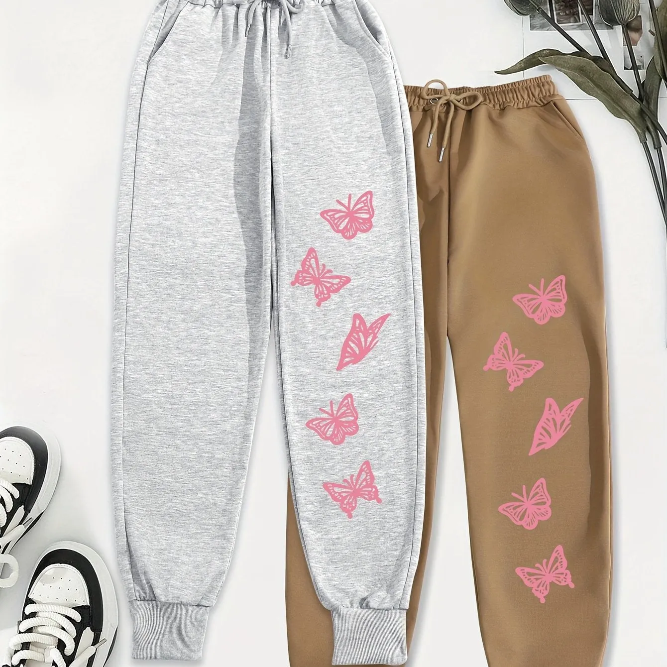 Butterfly Print Jogger Sweatpants 2 Pack, Casual Drawstring Sporty Pants, Women's Clothing