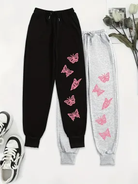 Butterfly Print Jogger Sweatpants 2 Pack, Casual Drawstring Sporty Pants, Women's Clothing