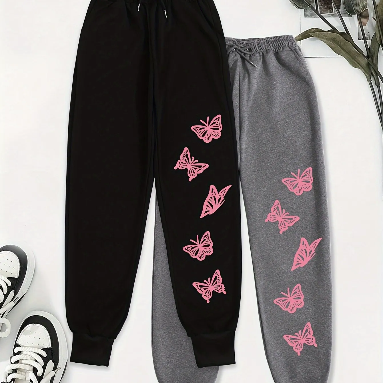 Butterfly Print Jogger Sweatpants 2 Pack, Casual Drawstring Sporty Pants, Women's Clothing