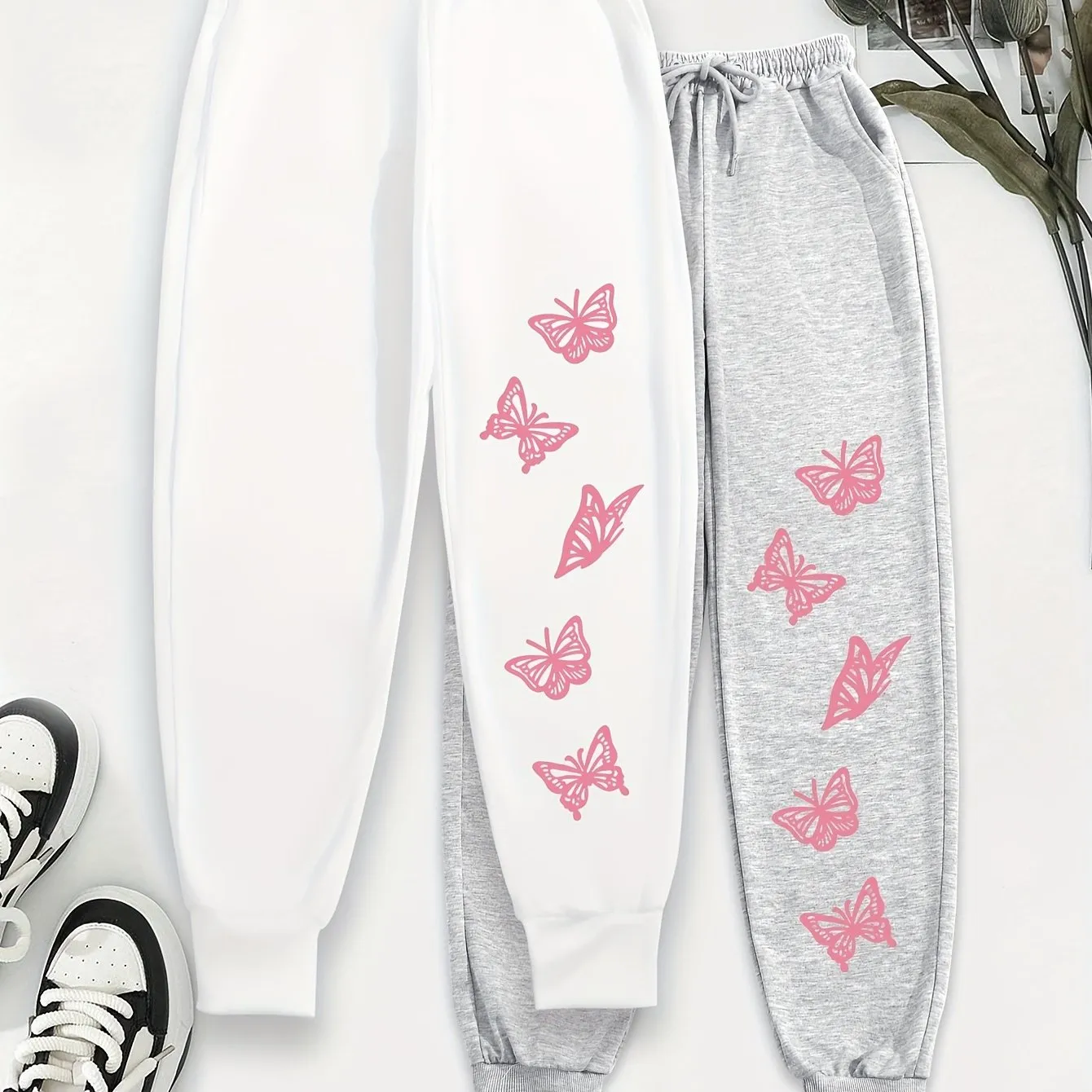 Butterfly Print Jogger Sweatpants 2 Pack, Casual Drawstring Sporty Pants, Women's Clothing