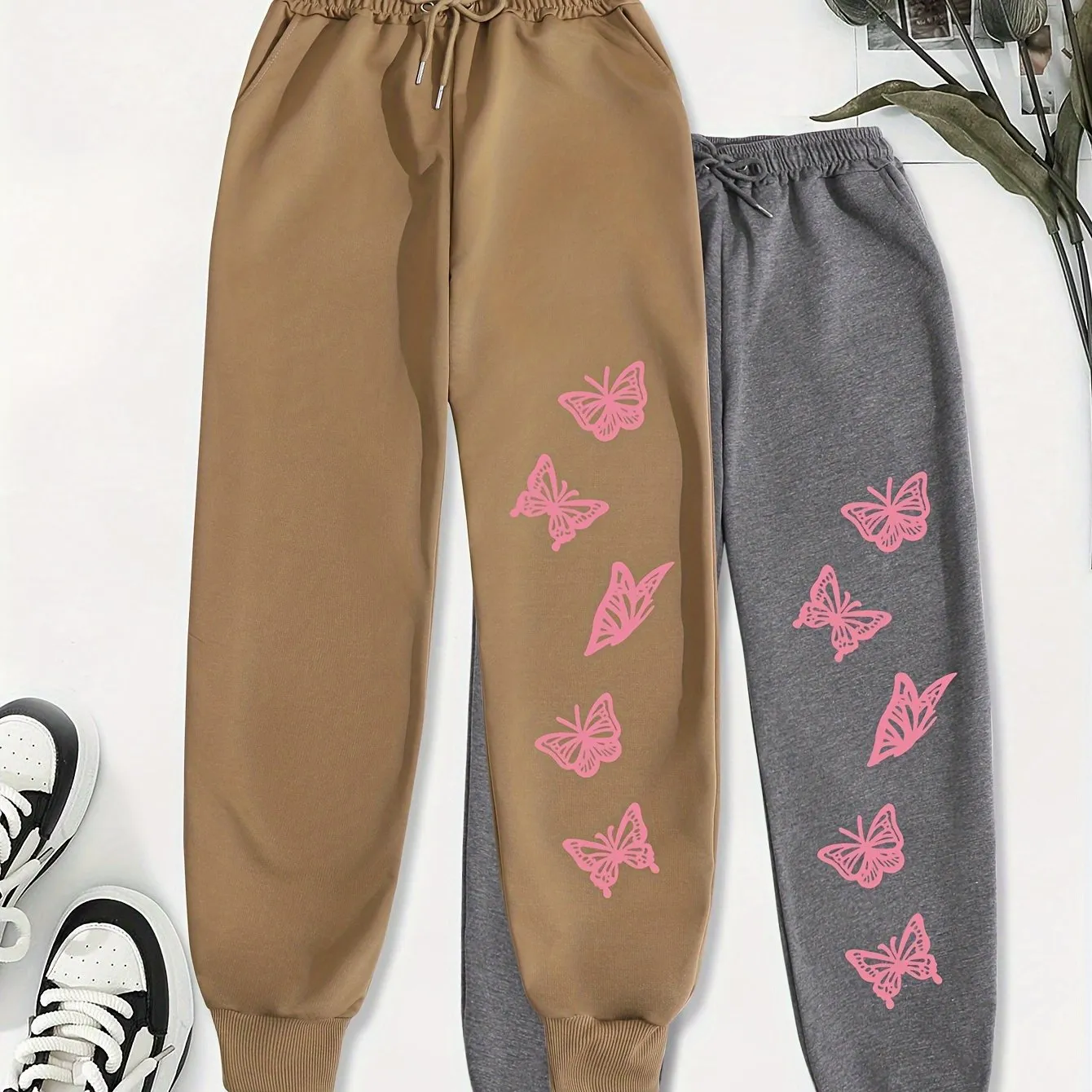 Butterfly Print Jogger Sweatpants 2 Pack, Casual Drawstring Sporty Pants, Women's Clothing