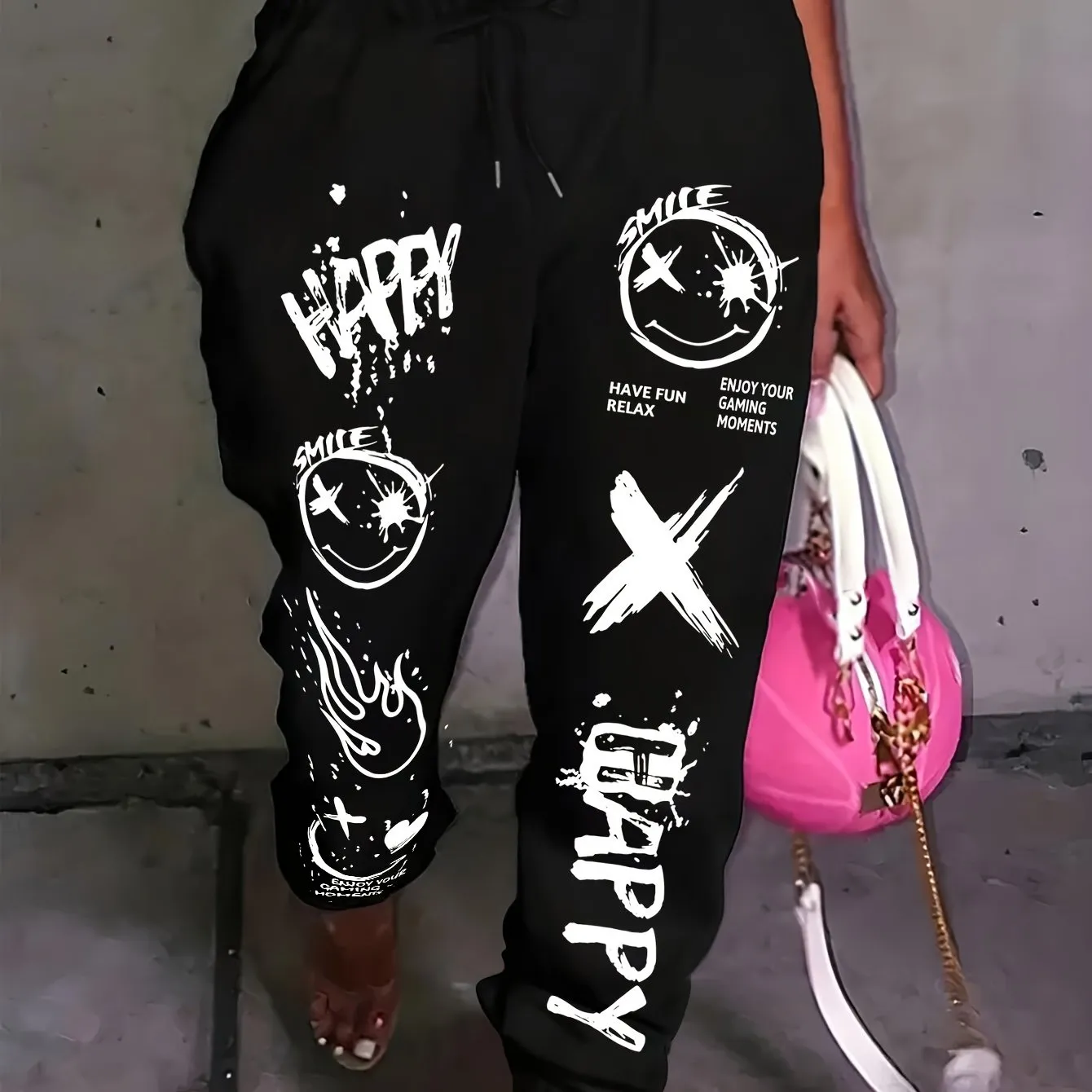 Chic Cartoon Print Women's Joggers - Casual Drawstring, Stretchy Polyester Blend, Machine Washable - Perfect for Spring & Fall