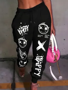 Chic Cartoon Print Women's Joggers - Casual Drawstring, Stretchy Polyester Blend, Machine Washable - Perfect for Spring & Fall