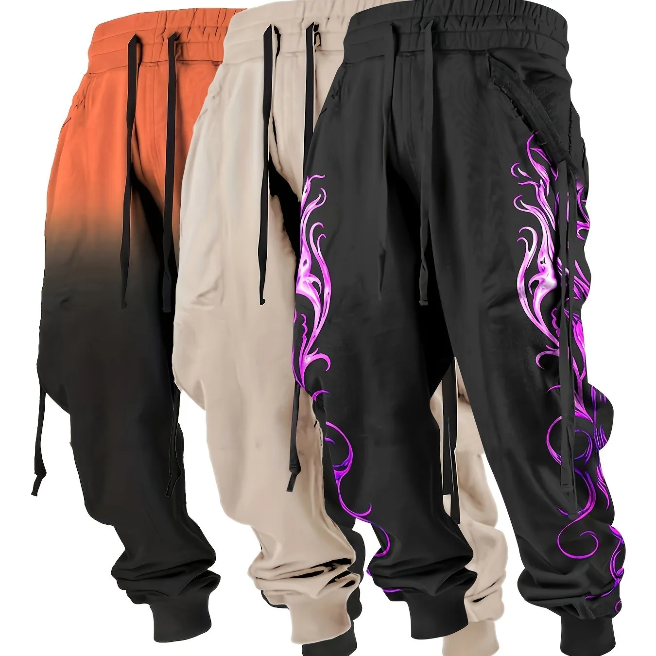 Europe And The United States Fashion Men's Foot-binding Casual Pants Three-piece Set, The Design Sense Of Color Printing Pattern With A Variety Of Breathable Skin-friendly Outdoor Sports Pants Three-piece Set