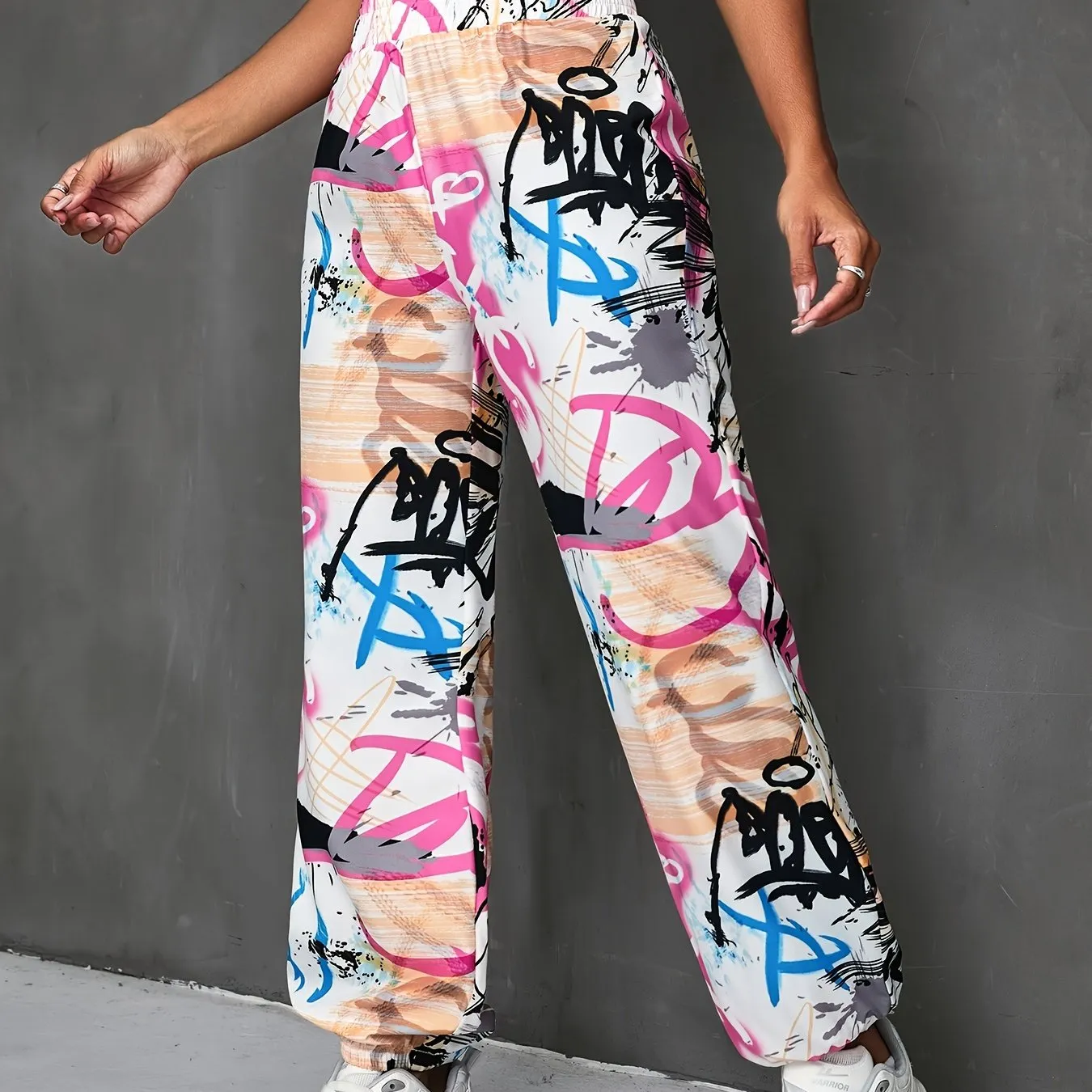 Graffiti Print Fitted Bottom Joggers, Casual High Waist Pants For Spring & Fall, Women's Clothing