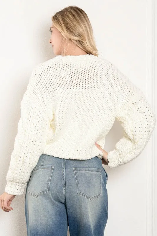 Logan Long Sleeve Cable Knit Button Down Cardigan White