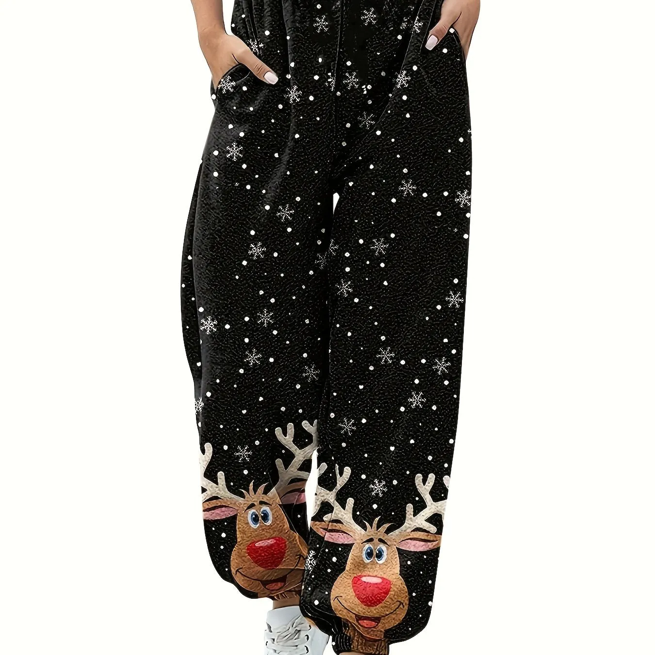 Loose Casual Reindeer Print Elastic Waist Pants With Pocket, Christmas Women's Clothing Jogger