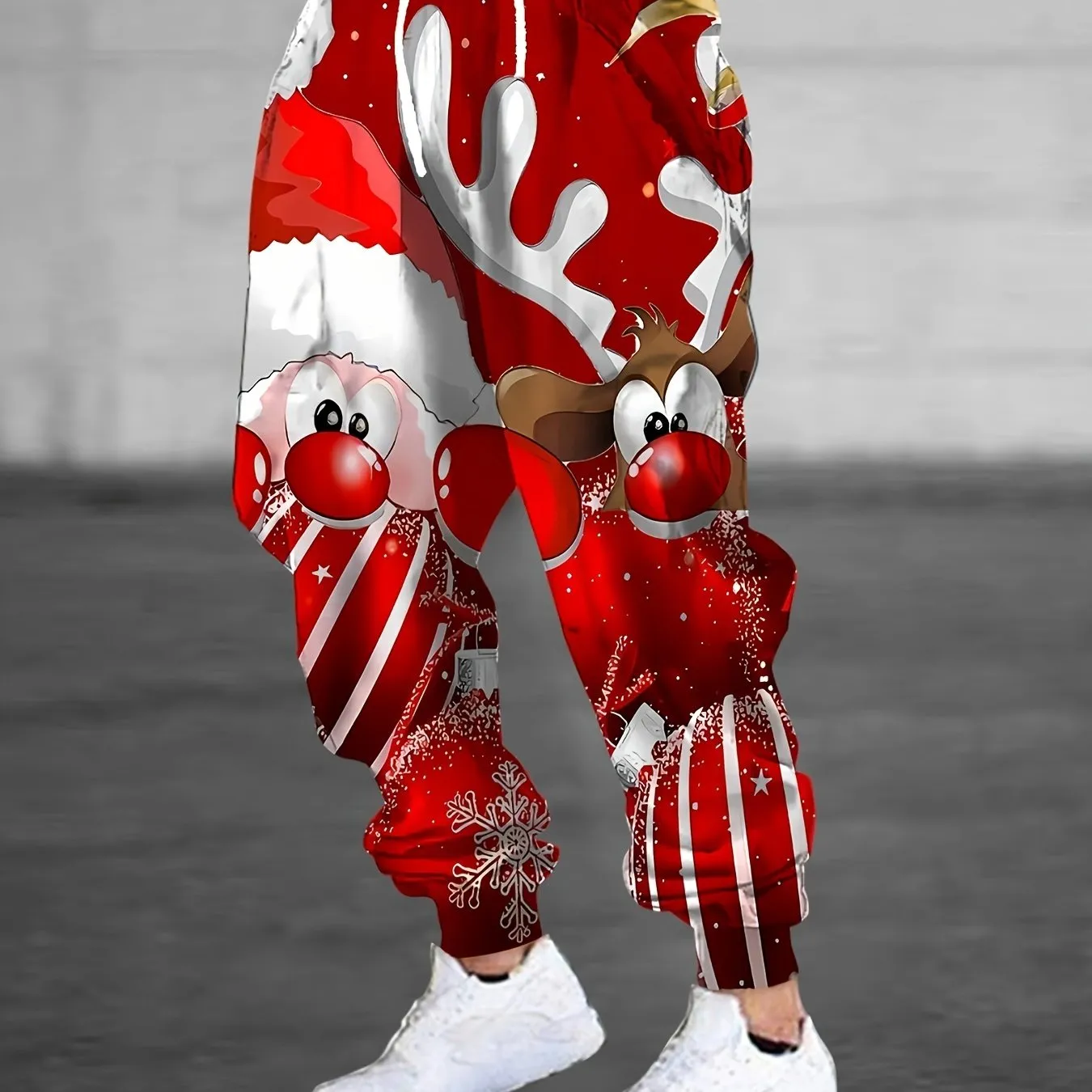 Men'S 3D Christmas Santa and Reindeer Print Sweatpants with Drawstring and Pockets, Casual Style, Polyester Knit Fabric, Regular Fit