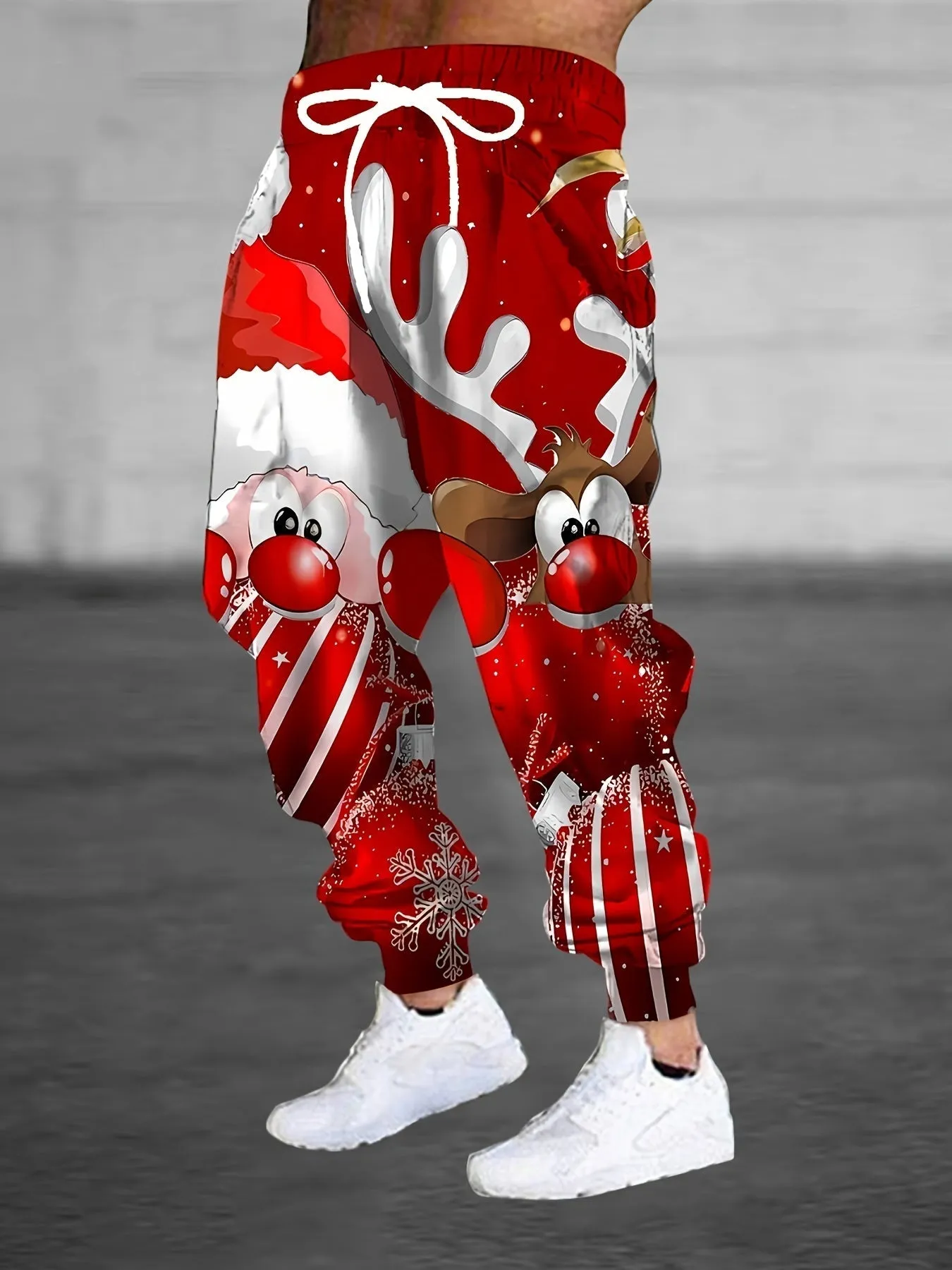 Men'S 3D Christmas Santa and Reindeer Print Sweatpants with Drawstring and Pockets, Casual Style, Polyester Knit Fabric, Regular Fit