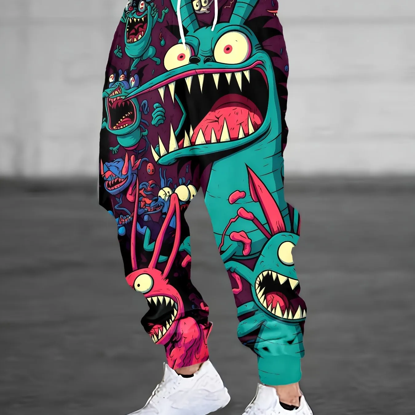 Men's Cartoon Monsters Graphic Jogger Sweatpants With Drawstrings, Casual Comfy Outdoor Trousers As Gift