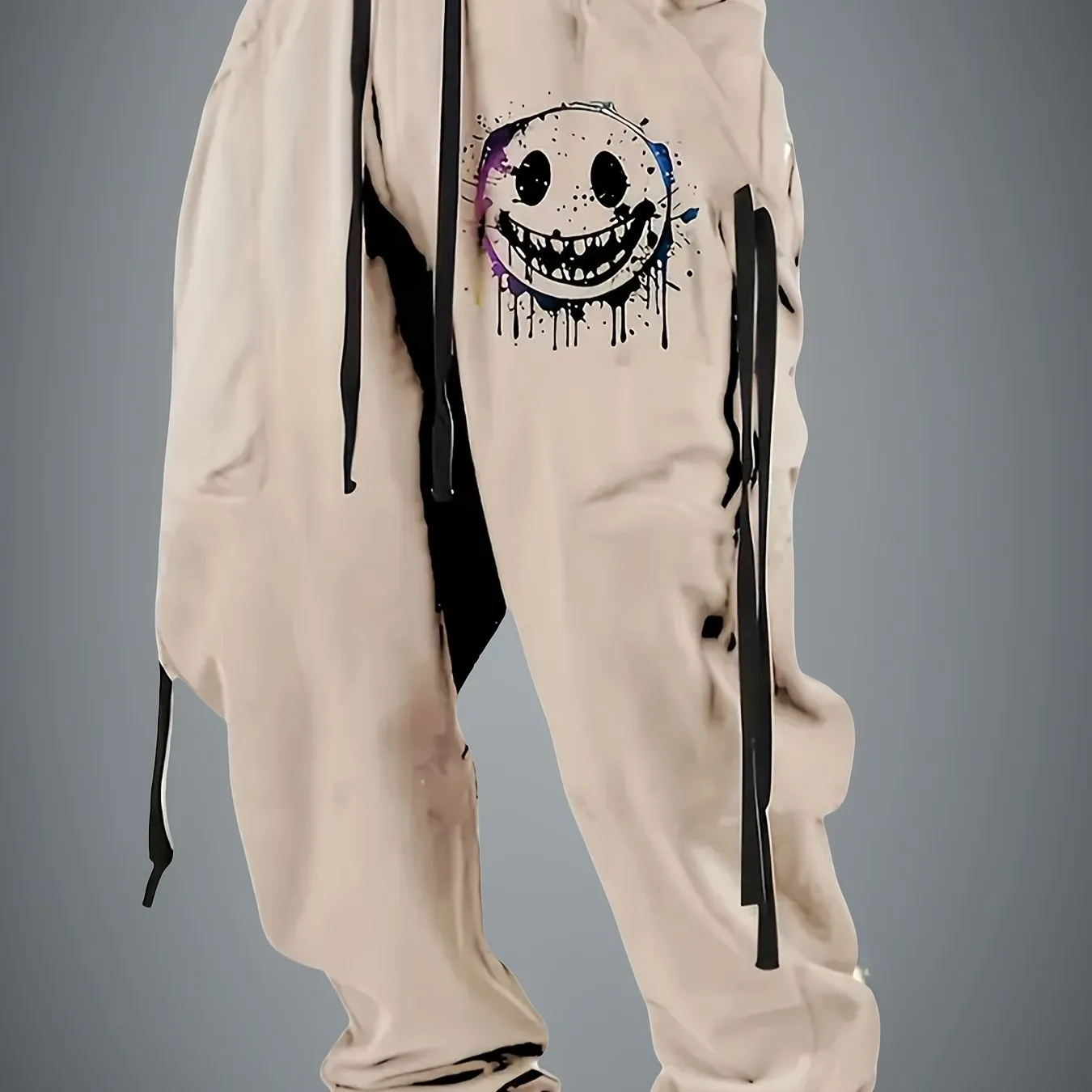Men'S Fashion Smile Face Pattern Printed Sweatpants Comfortable Elastic Waist Jogger Long Pants With Drawstring, Breathable Fabric Suitable For Casual Sport