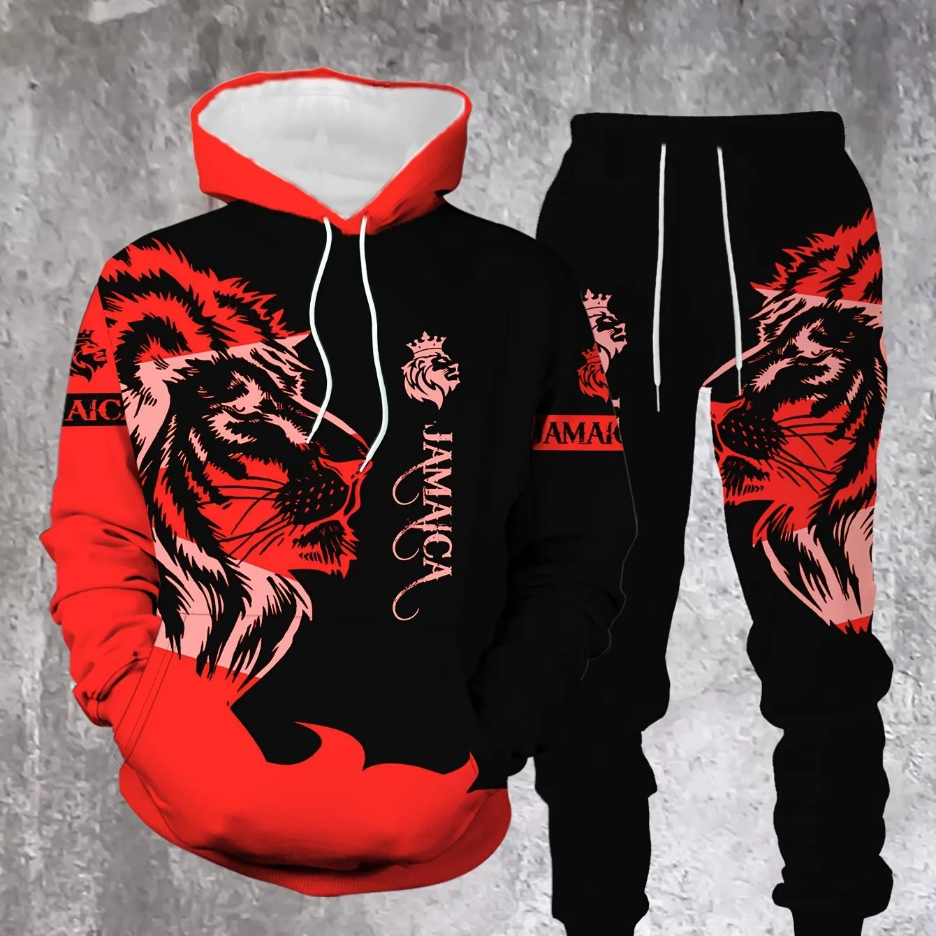 Men's Lion Print Hoodie & Joggers Set - Casual Polyester Outfit for Fall/Winter, Machine Washable