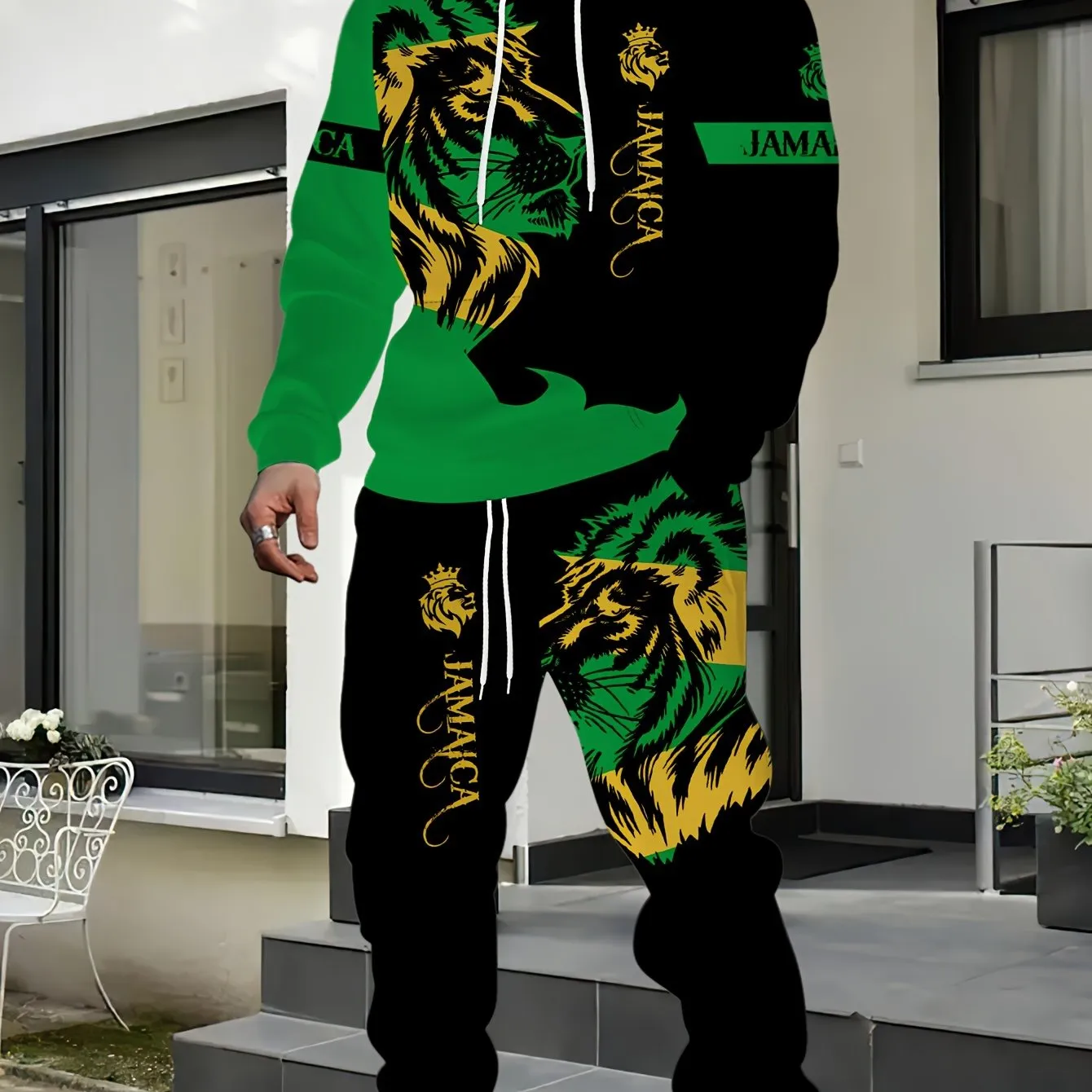 Men's Lion Print Hoodie & Joggers Set - Casual Polyester Outfit for Fall/Winter, Machine Washable