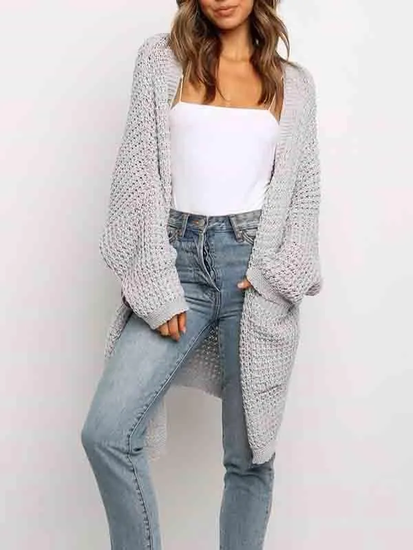 Open Front Waffle Knit Dolman Sleeve Cardigan Sweater For Women