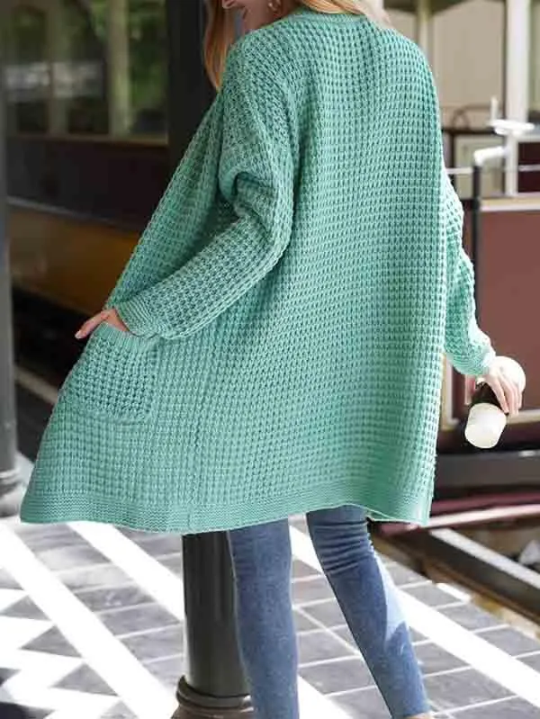 Open Front Waffle Knit Dolman Sleeve Cardigan Sweater For Women