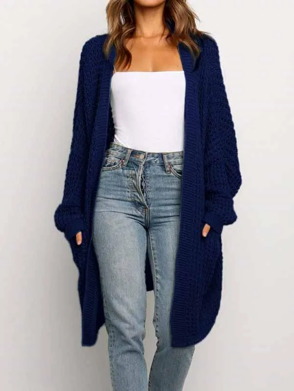 Open Front Waffle Knit Dolman Sleeve Cardigan Sweater For Women