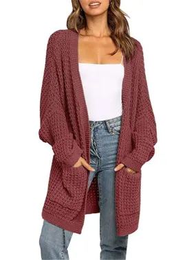Open Front Waffle Knit Dolman Sleeve Cardigan Sweater For Women