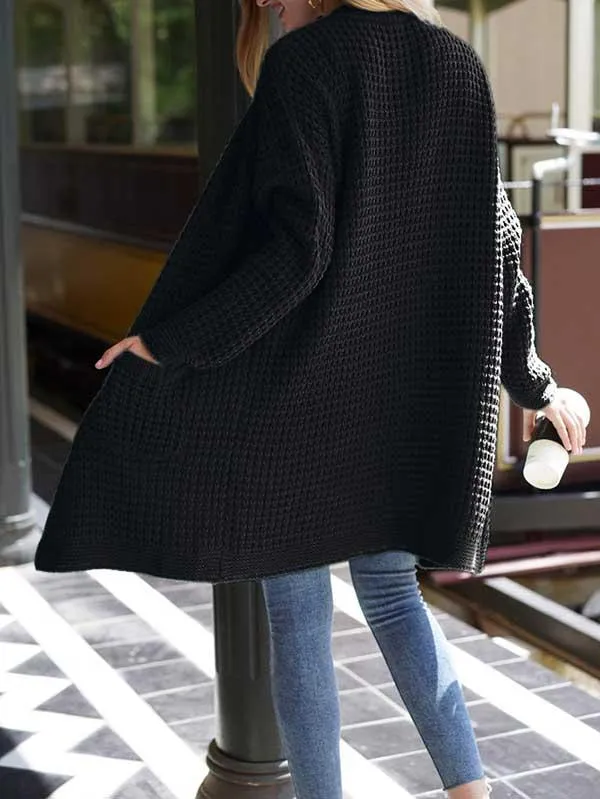 Open Front Waffle Knit Dolman Sleeve Cardigan Sweater For Women