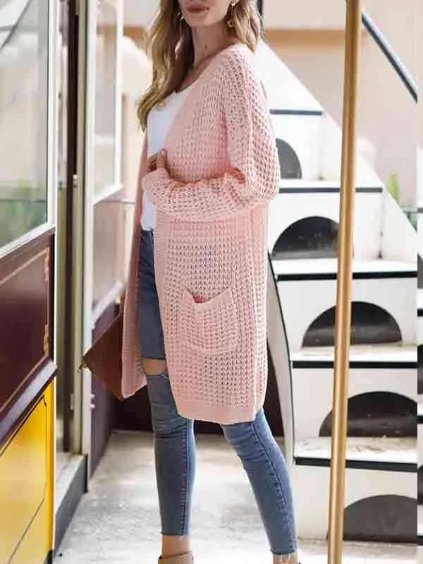 Open Front Waffle Knit Dolman Sleeve Cardigan Sweater For Women