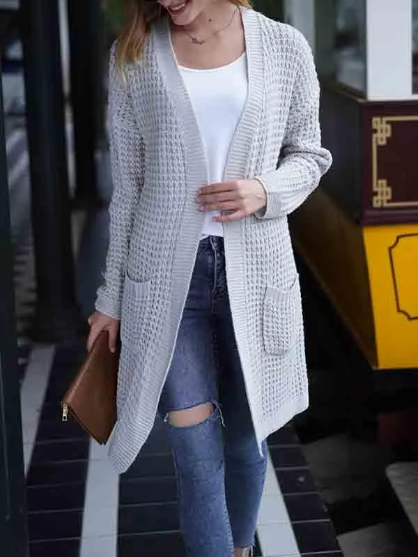 Open Front Waffle Knit Dolman Sleeve Cardigan Sweater For Women