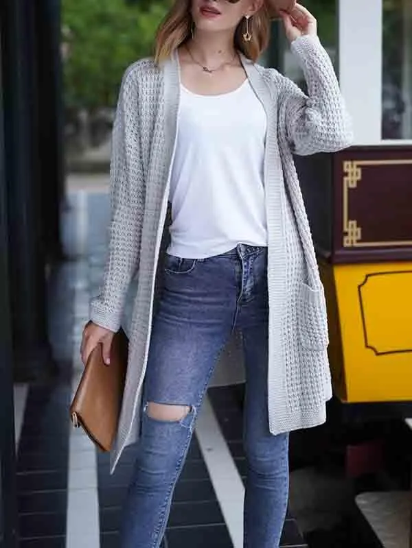 Open Front Waffle Knit Dolman Sleeve Cardigan Sweater For Women