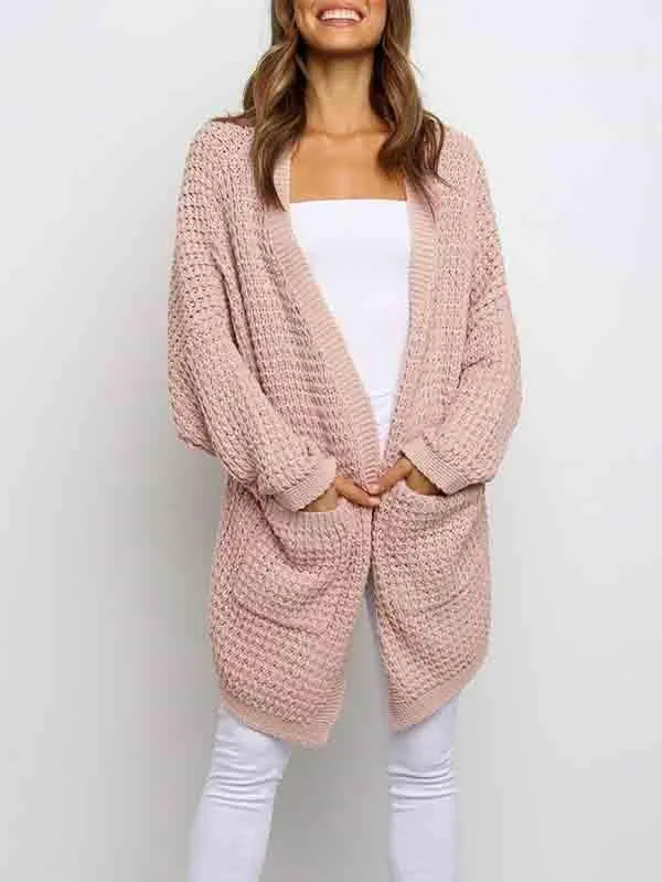 Open Front Waffle Knit Dolman Sleeve Cardigan Sweater For Women