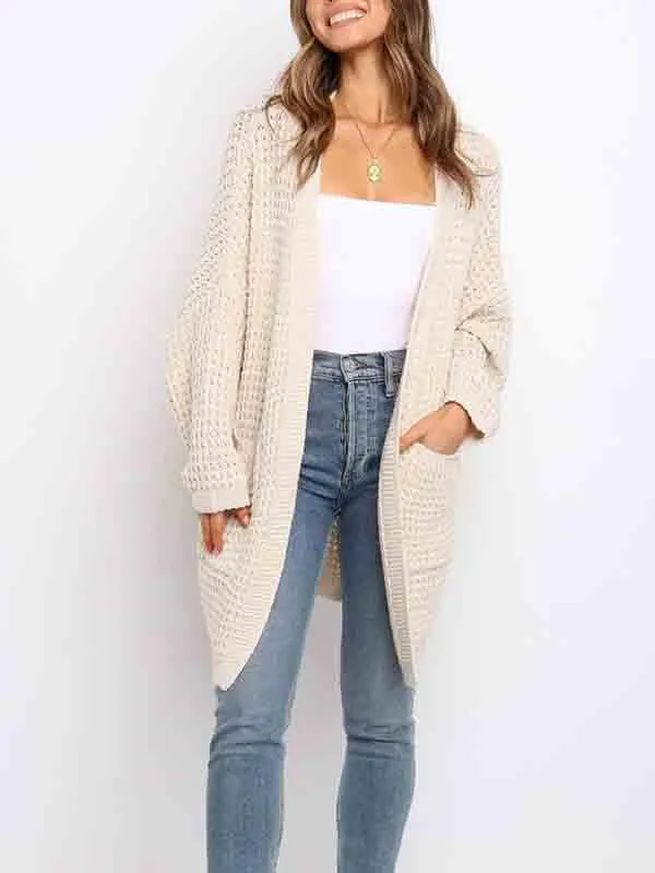 Open Front Waffle Knit Dolman Sleeve Cardigan Sweater For Women