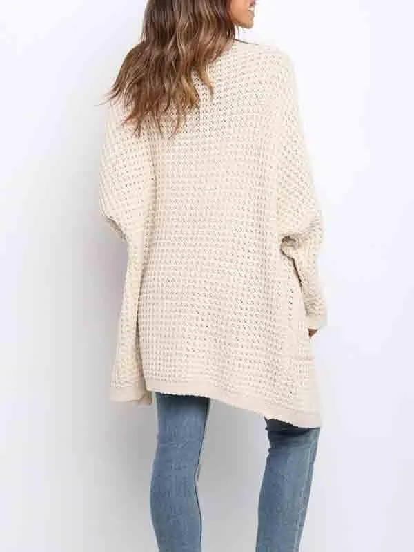 Open Front Waffle Knit Dolman Sleeve Cardigan Sweater For Women