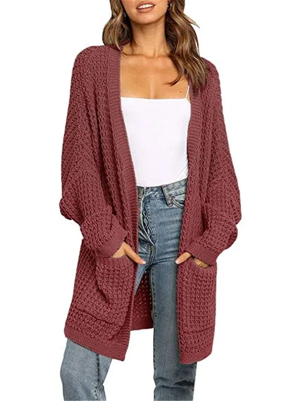Open Front Waffle Knit Dolman Sleeve Cardigan Sweater For Women