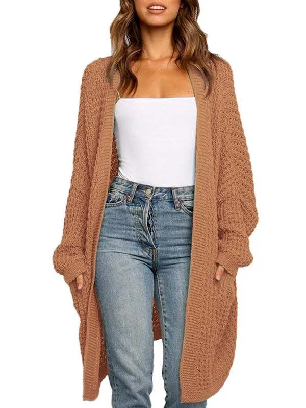 Open Front Waffle Knit Dolman Sleeve Cardigan Sweater For Women