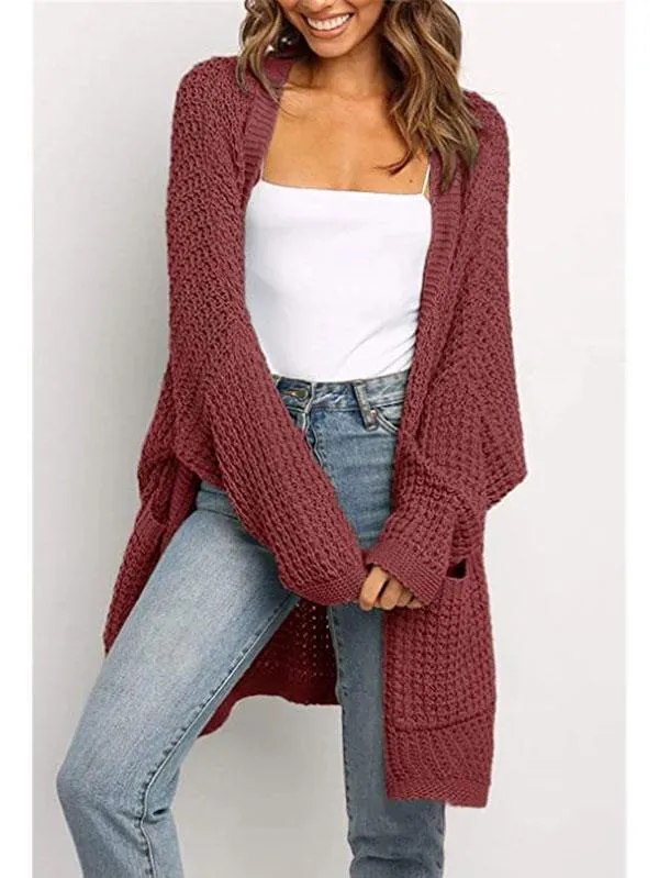 Open Front Waffle Knit Dolman Sleeve Cardigan Sweater For Women