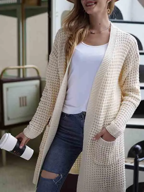 Open Front Waffle Knit Dolman Sleeve Cardigan Sweater For Women
