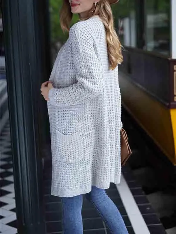 Open Front Waffle Knit Dolman Sleeve Cardigan Sweater For Women