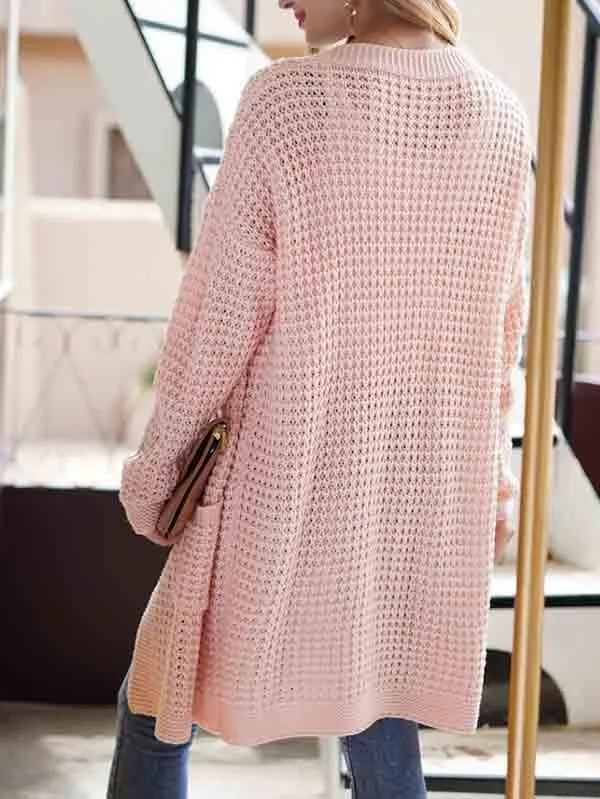 Open Front Waffle Knit Dolman Sleeve Cardigan Sweater For Women