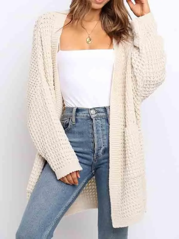 Open Front Waffle Knit Dolman Sleeve Cardigan Sweater For Women