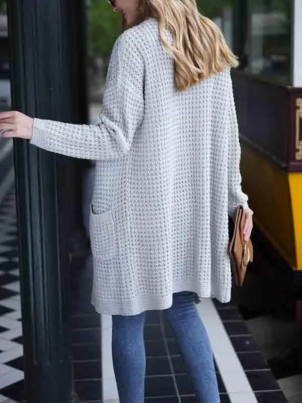 Open Front Waffle Knit Dolman Sleeve Cardigan Sweater For Women