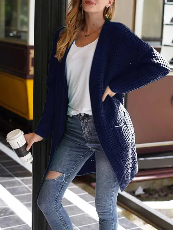Open Front Waffle Knit Dolman Sleeve Cardigan Sweater For Women