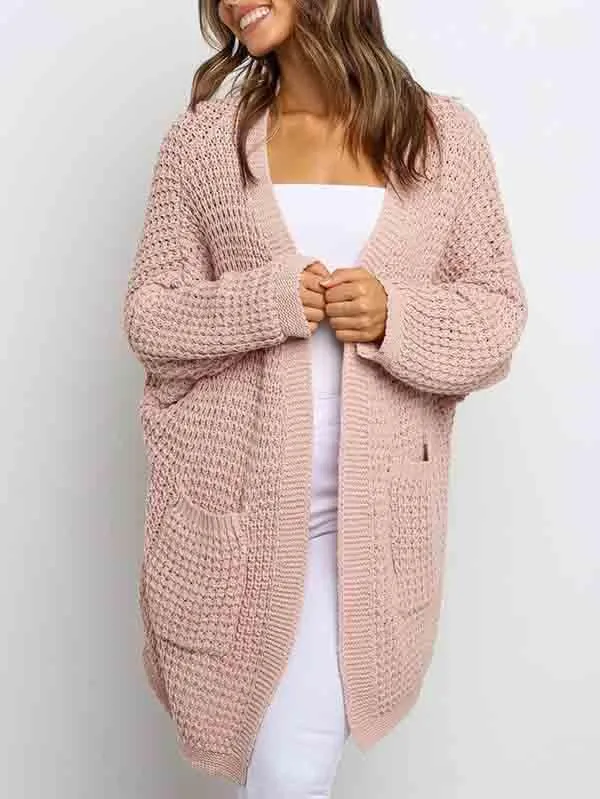 Open Front Waffle Knit Dolman Sleeve Cardigan Sweater For Women
