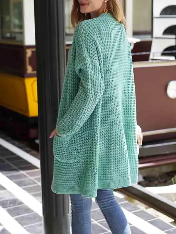 Open Front Waffle Knit Dolman Sleeve Cardigan Sweater For Women