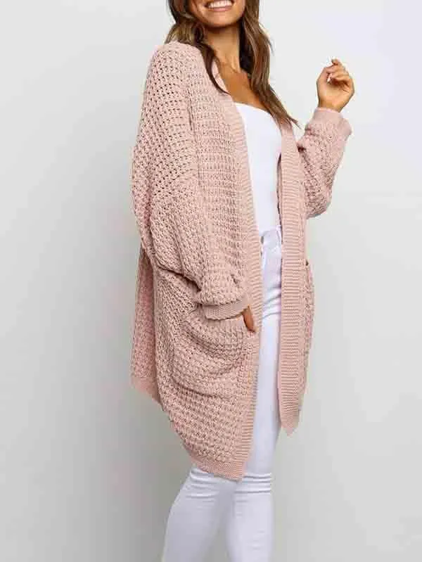 Open Front Waffle Knit Dolman Sleeve Cardigan Sweater For Women