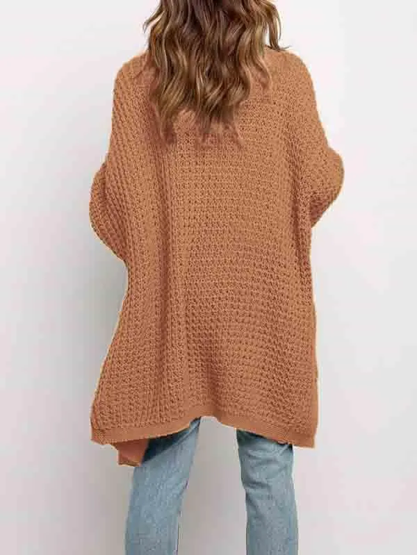Open Front Waffle Knit Dolman Sleeve Cardigan Sweater For Women
